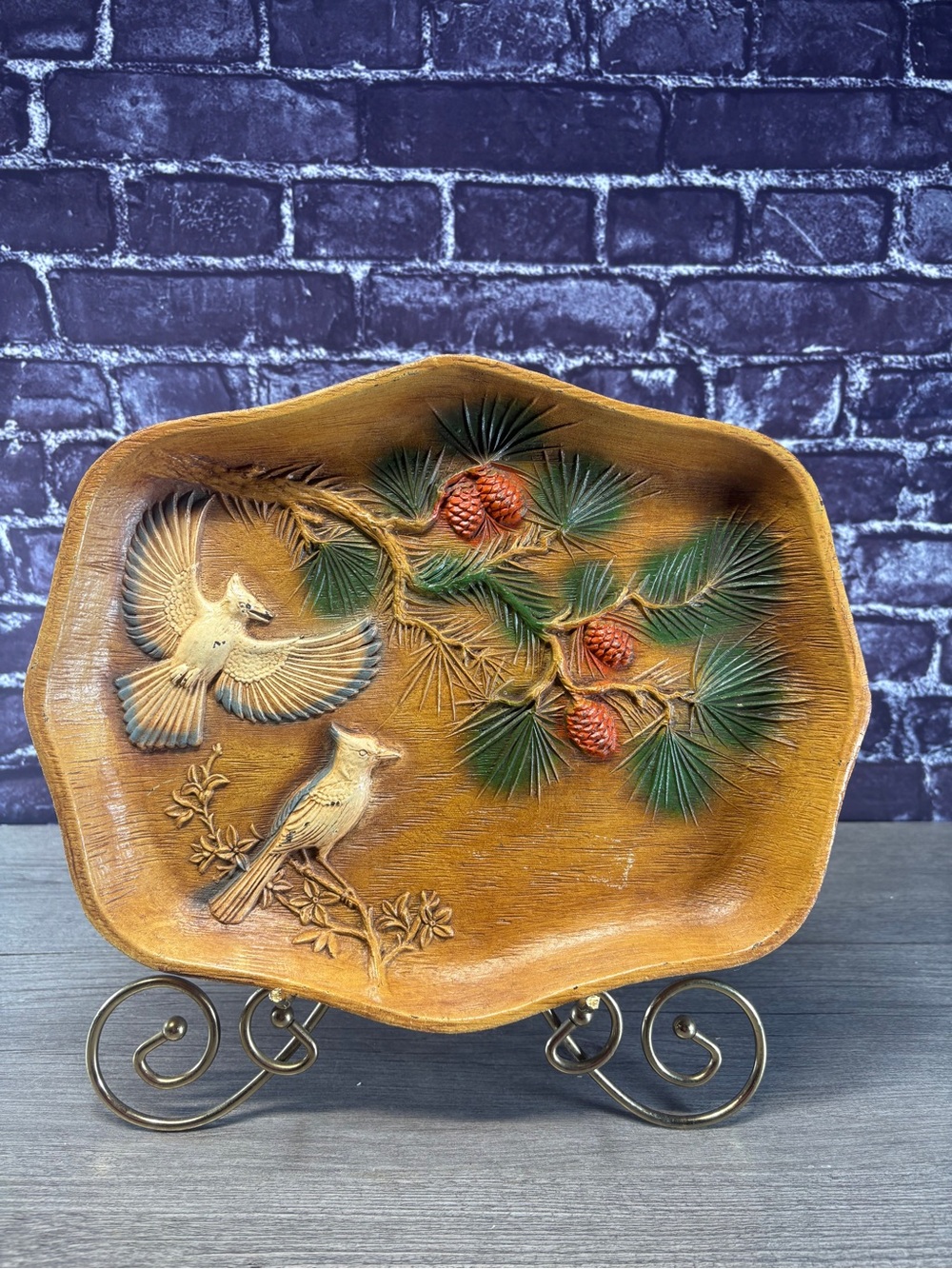 Vintage Mcm Plastic Serving or Display Tray Birds & Pinecones
